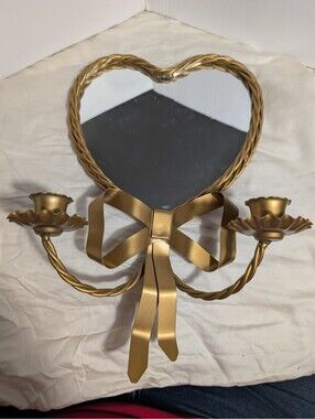 Vintage Homeco/Hollywood Regency Gold Heart-Shaped Wall Sconce with Bow Accent